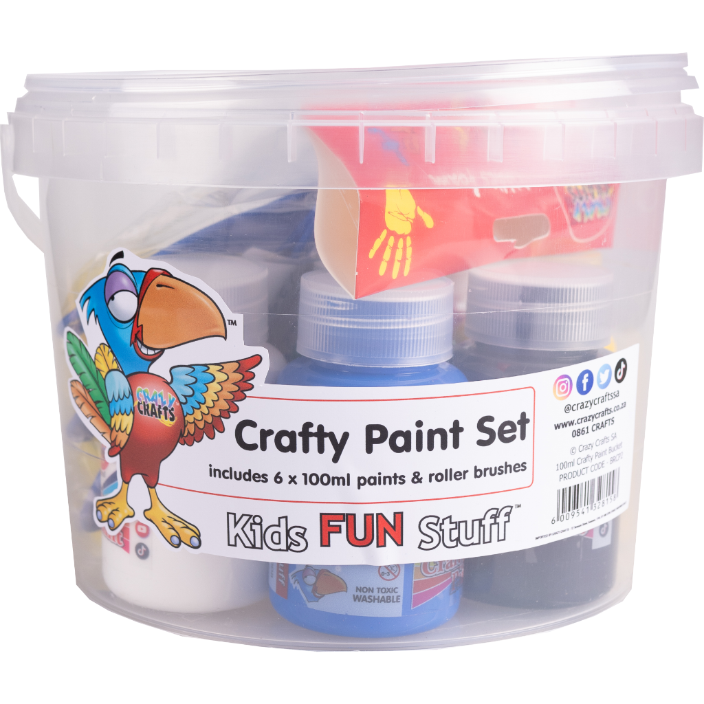Paint set in a bucket. Includes a carry bucket. Includes 6 x 100ml paints. Includes roller brushes. Have fun at home, school and birthdays parties. Great idea to give away at kiddies birthday parties as a take home gift. Let creativity flow! This one-stop paint set comes with everything you need for party-time fun — a carry bucket, 6 paint pots, and roller brushes. A perfect prezzie for any birthday bash, kids' art session, or just for fun!