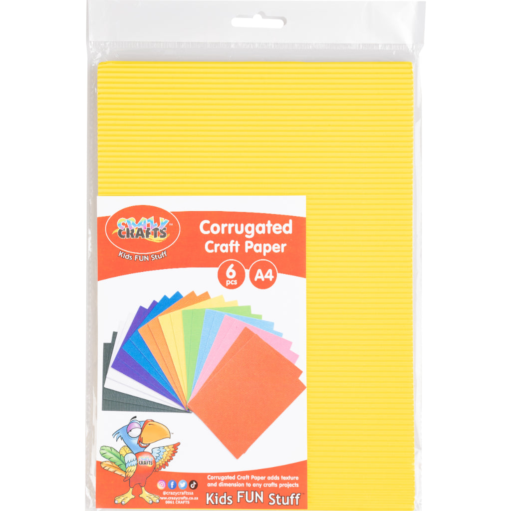 Available In 12 Different Colours. Corrugated Craft Paper Adds Texture And Dimensions To Any Crafts Project. Corrugated Paper Stimulates Imagination And Creativity. It Can Also Be Used For Various Arts & Crafts Products. Each Pack Comes With 6Pcs Each Sheet Is A4 In Size