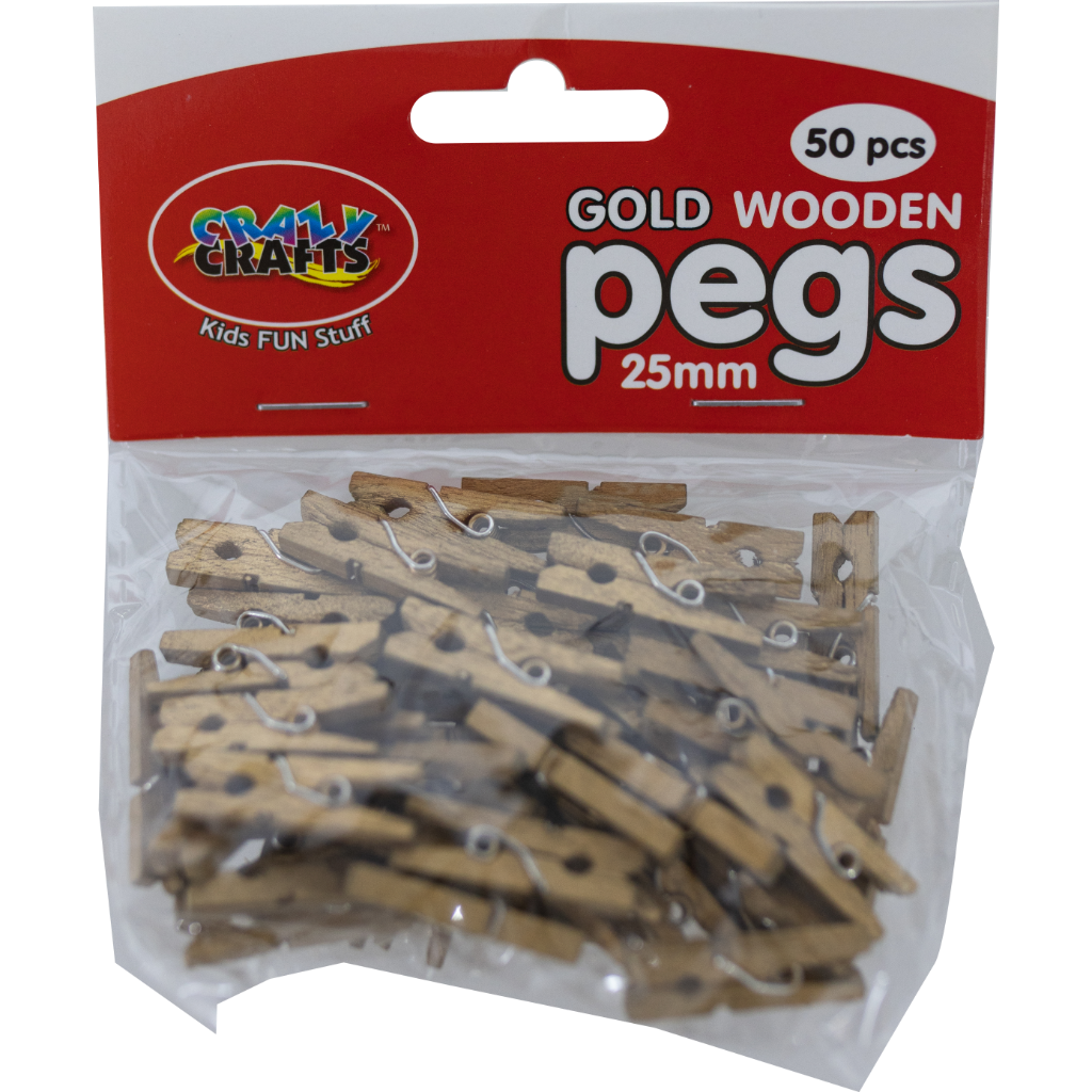A pack of gold wooden pegs intended for holiday card hanging, displayed in a clear plastic packaging with a red and white label.