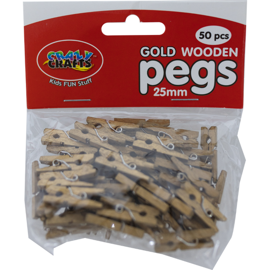 A pack of gold wooden pegs intended for holiday card hanging, displayed in a clear plastic packaging with a red and white label.