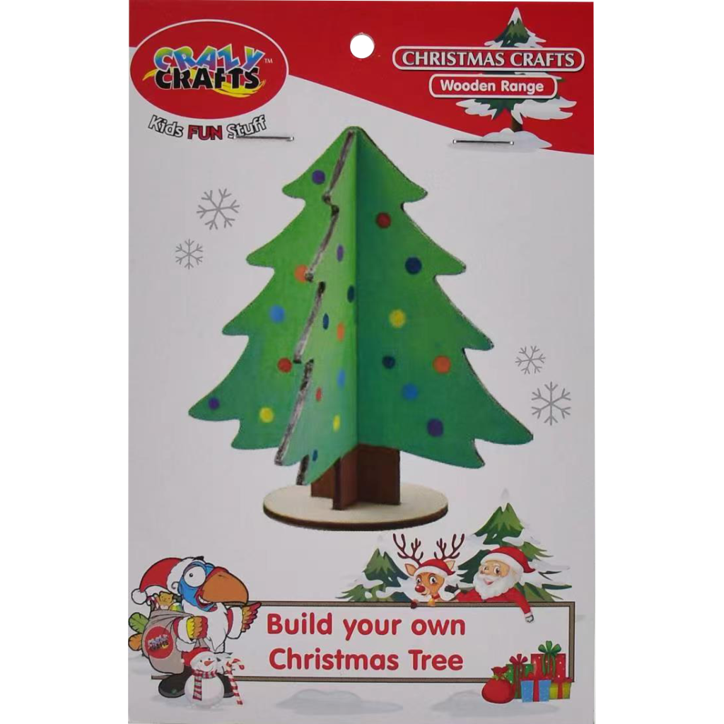 Packaging for a build-your-own Christmas tree craft kit, featuring a green tree with multicolored dots as ornaments, placed on a white background with festive illustrations including Santa and snowflakes.