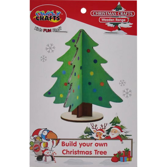 Packaging for a build-your-own Christmas tree craft kit, featuring a green tree with multicolored dots as ornaments, placed on a white background with festive illustrations including Santa and snowflakes.
