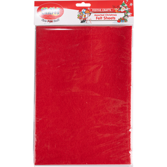 A packaged red felt sheet labeled 'Festive Crafts Felt Sheets' by Crazy Crafts, suitable for Christmas crafts.