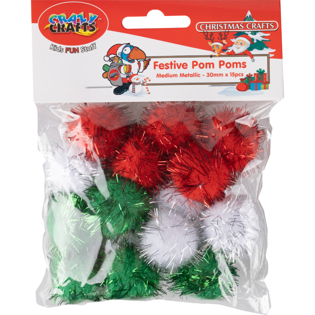 Packaging of 'Festive Pom Poms' by Smart Crafts, featuring medium-sized metallic pom poms in red, green, and white, visible through the clear plastic of the package.