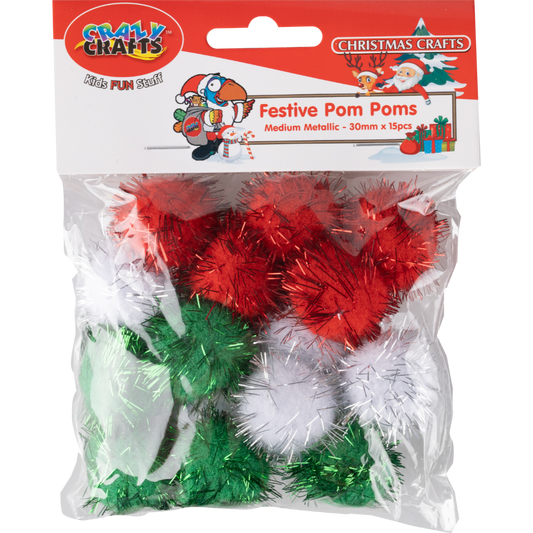 Packaging of 'Festive Pom Poms' by Smart Crafts, featuring medium-sized metallic pom poms in red, green, and white, visible through the clear plastic of the package.