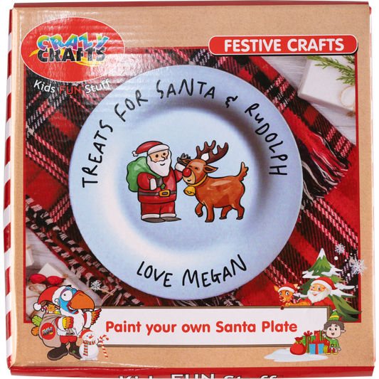 Packaging for a 'Kill 'em with kindness' themed craft kit featuring a cartoon Santa and a reindeer on a plate, with text 'Festive Crafts - Christmas Plate' and 'Paint your own Christmas Plate'.
