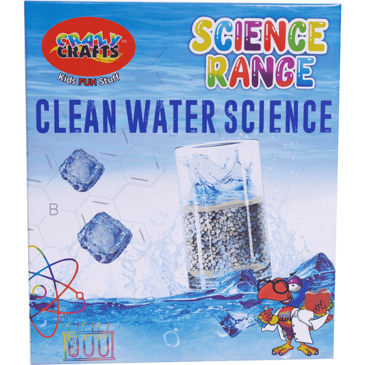 Packaging for Swak Crafts Science Range Clean Water Science Kit, featuring a glass with water and ice cubes, alongside a cartoon of a bird wearing a lab coat.