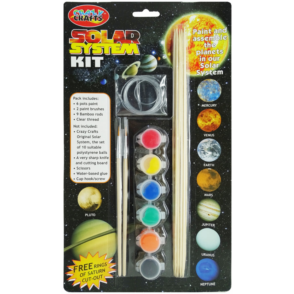This A Great Educational Product. Paint And Assemble The Planets In Our Solar System. Kit Includes 6 Pots Of Paint, 2 Paint Brushes, 9 Bamboo Rods And Clear Thread. Bonus Free Rings For Saturn Cut Out. Not Included: Crazy Crafts Original Solar System, The Set Of 10 Suitable Polystyrene Balls. A Very Sharp Knife And Cutting Board. Scissors. Water Based Glue. Cuphook/Screw.