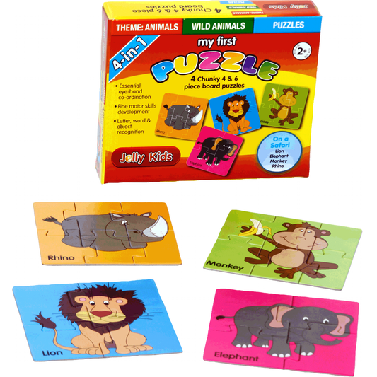 4 In One Set. 4 x Chunky 4 & 6 Piece Puzzles. Theme Animals - Wild Animals. Doing Puzzles Can Be Considered A Complete Brain Exercise. Greater Attention To Detail. Essential for Hand And Eye Coordination. Encourages Fine Motor Skills Development. Letter, Word And Object Recognition. Ages 2+