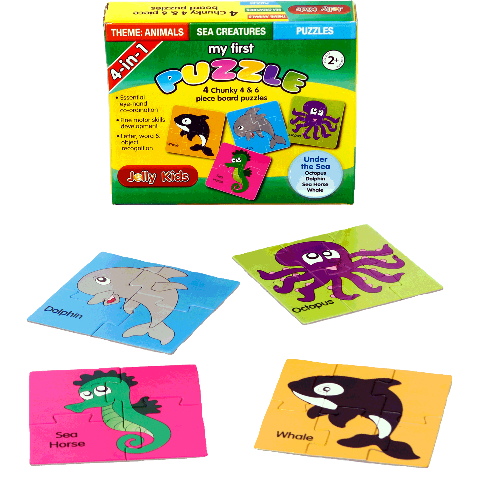4 In One Set. 4 x Chunky 4 & 6 Piece Puzzles. Theme Animals - Sea Creatures. Doing Puzzles Can Be Considered A Complete Brain Exercise. Greater Attention To Detail. Essential for Hand And Eye Coordination. Encourages Fine Motor Skills Development. Letter, Word And Object Recognition. Ages 2+