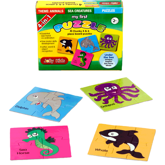 4 In One Set. 4 x Chunky 4 & 6 Piece Puzzles. Theme Animals - Sea Creatures. Doing Puzzles Can Be Considered A Complete Brain Exercise. Greater Attention To Detail. Essential for Hand And Eye Coordination. Encourages Fine Motor Skills Development. Letter, Word And Object Recognition. Ages 2+