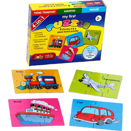 4 In One Set. 4 x Chunky 4 & 6 Piece Puzzles. Theme Transport - Assorted. Doing Puzzles Can Be Considered A Complete Brain Exercise. Greater Attention To Detail. Essential for Hand And Eye Coordination. Encourages Fine Motor Skills Development. Letter, Word And Object Recognition. Ages 2+
