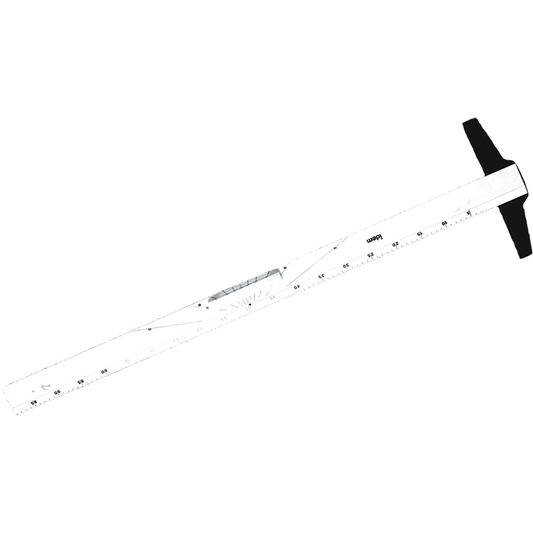 A blackboard T-square is a drawing tool used to create straight lines on a blackboard or similar writing surface. It is specifically designed for use on vertical surfaces like chalkboards and whiteboards. The T-square gets its name from its shape, resembling the letter "T." This tool assists in drawing horizontal lines, vertical lines, and other straight elements on the board with accuracy.