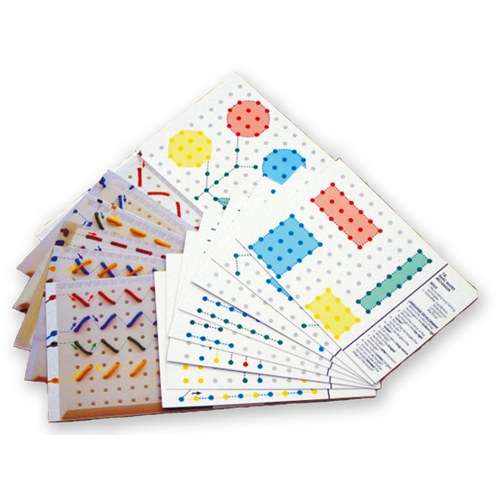 Pegboard pattern cards are instructional cards used with pegboard sets to create specific designs or patterns. These cards provide step-by-step visual instructions for arranging colored pegs on a pegboard to recreate various images or designs. Each card corresponds to a specific pattern, and the colors and positions of the pegs are indicated on the card. These sets are often used for creative and educational purposes to develop fine motor skills, pattern recognition, and creativity.
