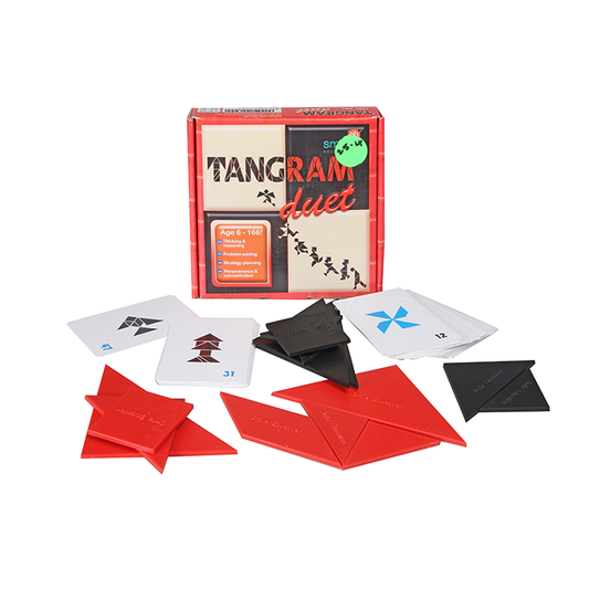 Its set of seven shapes, including a square, 5 triangles and a parallelogram, forms a perfect square. Experience the challenge and satisfaction of creating unique shapes with this ancient and intriguing game. Boost your brainpower and have fun with Tangram Duet! Develop thinking, reasoning, and problem-solving skills while strategizing and honing your perseverance and concentration.With 2 tangrams and 55 copy cards, challenge yourself and master the solutions. Great for ages 6-166!