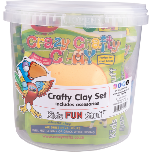 Multiple clay packs in different colours in a bucket. Bucket included. Accessories included. And with the convenient bucket and accessories, you'll be ready to get your creative juices flowing in no time.