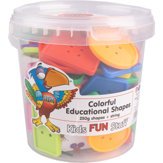 Vibrant figures in a bucket Includes the Pot! 250g of fun introducing kids to shapes and shades. Finish off with a threading string. An awesome take-home gift at kiddies birthdays!