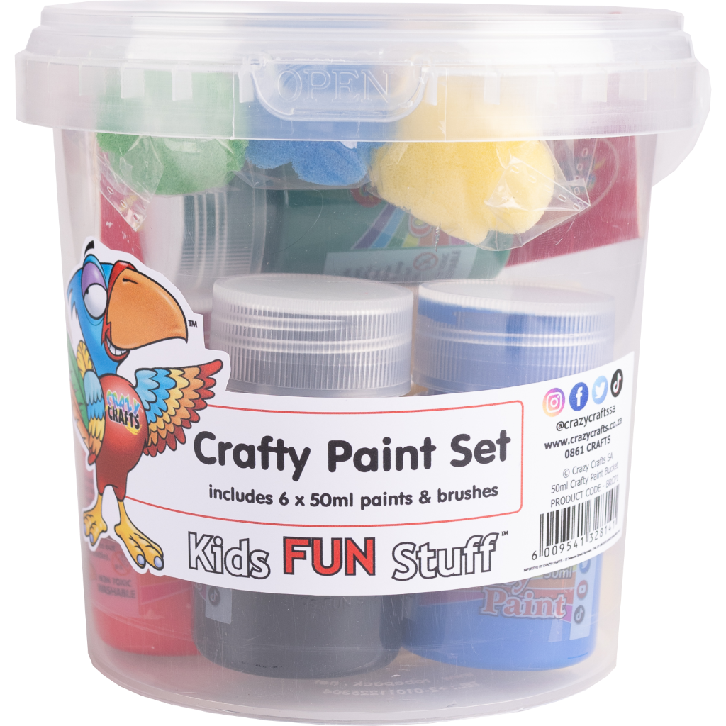 Paint set in a bucket. Includes a carry bucket. Includes 6 x 50ml paints. Includes roller brushes. Have fun at home, school and birthdays parties. Great idea to give away at kiddies birthday parties as a take home gift. Let creativity flow! This one-stop paint set comes with everything you need for party-time fun — a carry bucket, 6 paint pots, and roller brushes. A perfect prezzie for any birthday bash, kids' art session, or just for fun!