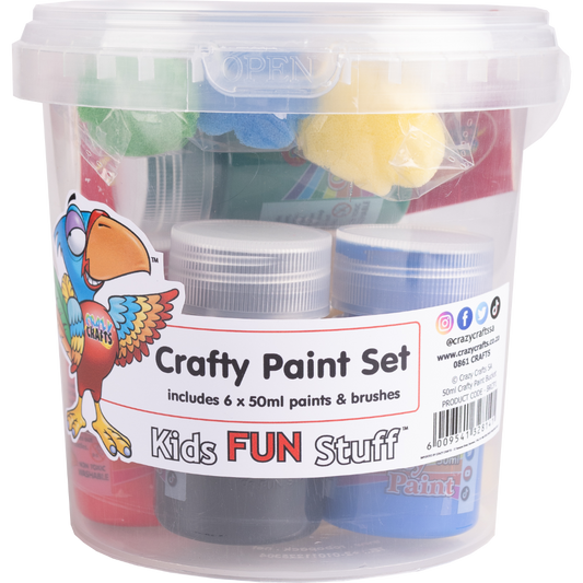 Paint set in a bucket. Includes a carry bucket. Includes 6 x 50ml paints. Includes roller brushes. Have fun at home, school and birthdays parties. Great idea to give away at kiddies birthday parties as a take home gift. Let creativity flow! This one-stop paint set comes with everything you need for party-time fun — a carry bucket, 6 paint pots, and roller brushes. A perfect prezzie for any birthday bash, kids' art session, or just for fun!