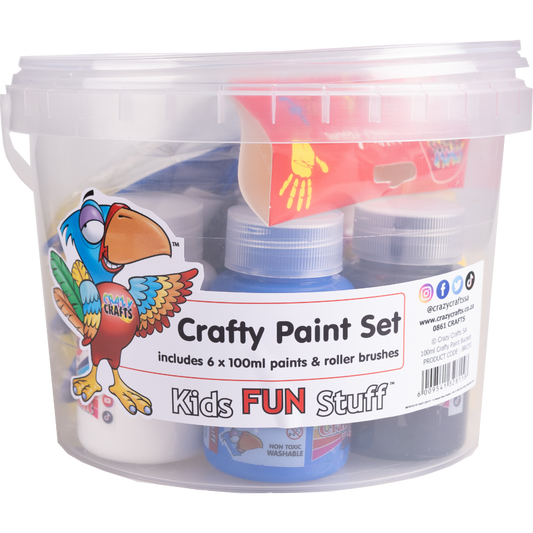 Paint set in a bucket. Includes a carry bucket. Includes 6 x 100ml paints. Includes roller brushes. Have fun at home, school and birthdays parties. Great idea to give away at kiddies birthday parties as a take home gift. Let creativity flow! This one-stop paint set comes with everything you need for party-time fun — a carry bucket, 6 paint pots, and roller brushes. A perfect prezzie for any birthday bash, kids' art session, or just for fun!