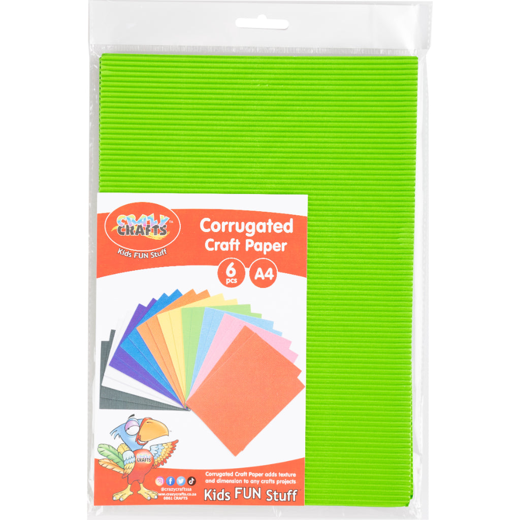 Available In 12 Different Colours. Corrugated Craft Paper Adds Texture And Dimensions To Any Crafts Project. Corrugated Paper Stimulates Imagination And Creativity. It Can Also Be Used For Various Arts & Crafts Products. Each Pack Comes With 6Pcs Each Sheet Is A4 In Size