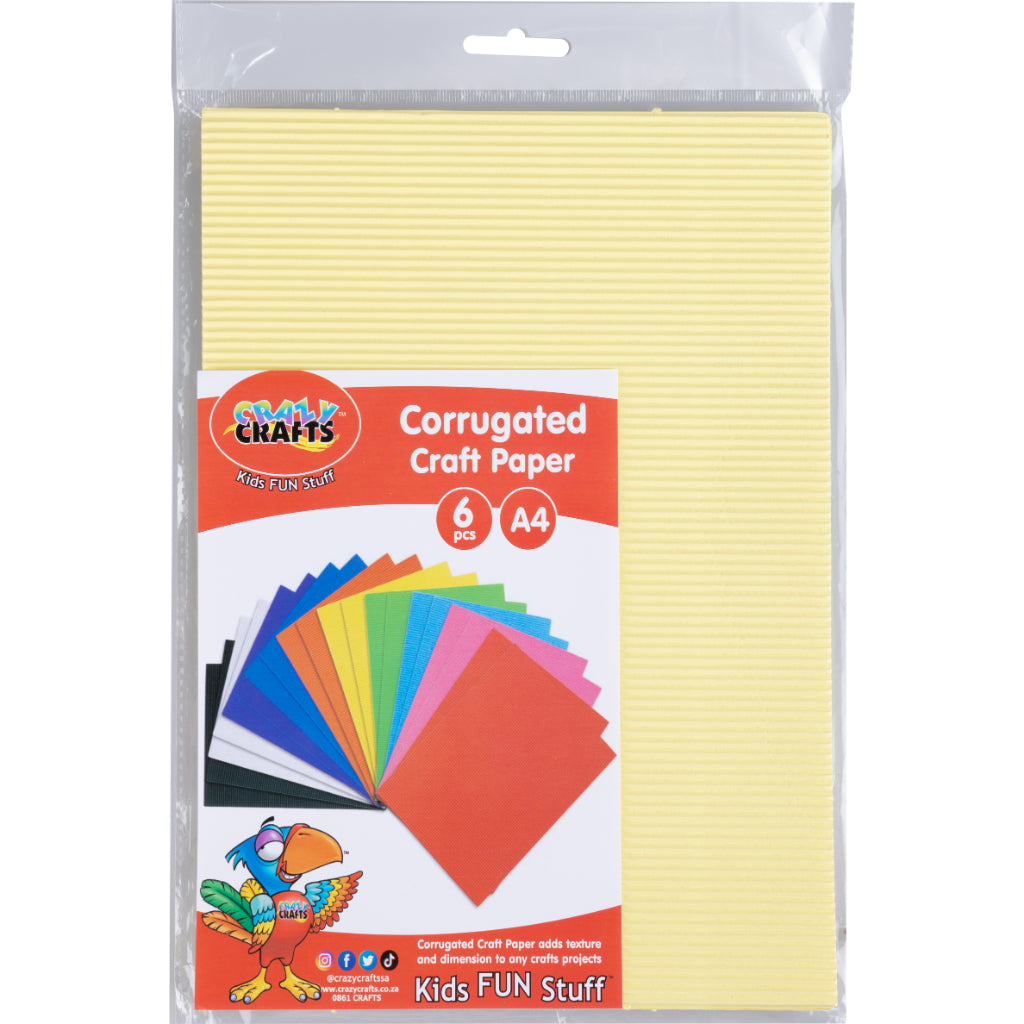 Available In 12 Different Colours. Corrugated Craft Paper Adds Texture And Dimensions To Any Crafts Project. Corrugated Paper Stimulates Imagination And Creativity. It Can Also Be Used For Various Arts & Crafts Products. Each Pack Comes With 6Pcs Each Sheet Is A4 In Size