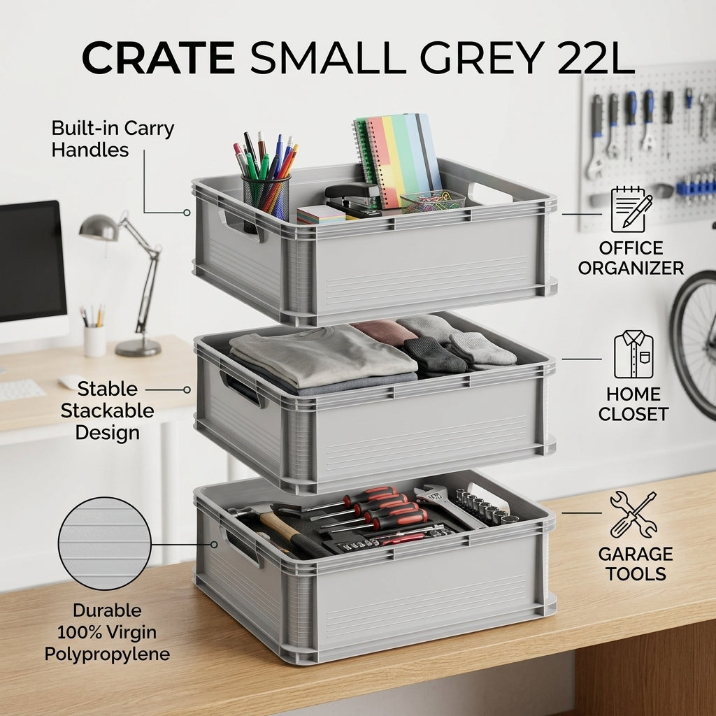 Stackable storage crates with office and home organization uses on a desk.