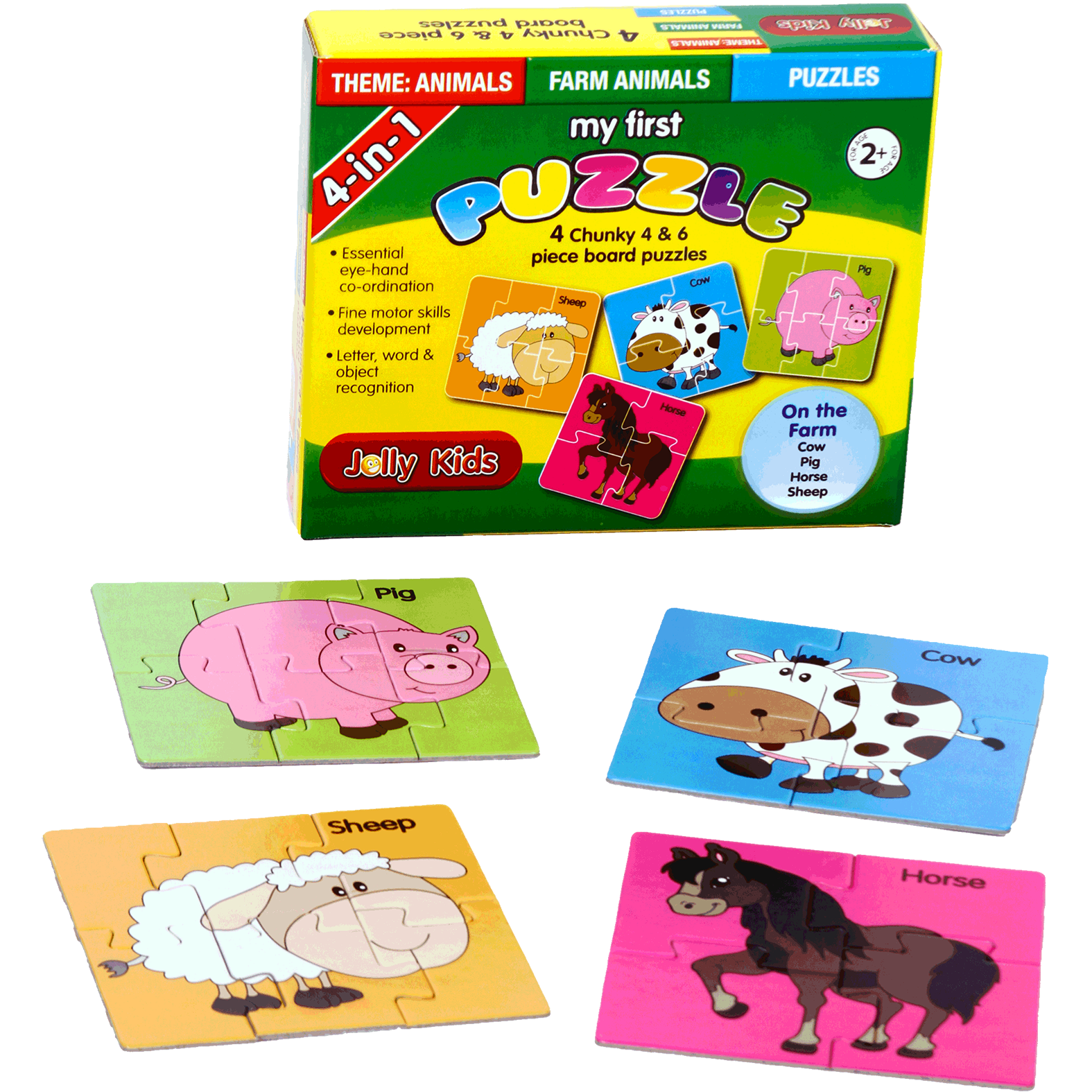 4 In One Set. 4 x Chunky 4 & 6 Piece Puzzles. Theme Animals - Farm Animals. Doing Puzzles Can Be Considered A Complete Brain Exercise. Greater Attention To Detail. Essential for Hand And Eye Coordination. Encourages Fine Motor Skills Development. Letter, Word And Object Recognition. Ages 2+