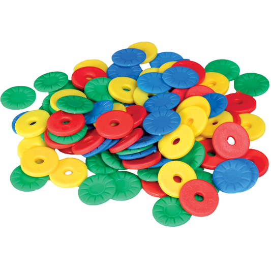 100 discs in 5 colours. Helps develop fine motor development. Helps develop hand-eye coordination. Threading patterns Exploring concepts such as top, bottom, in, out and around. Ages 3+