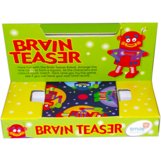 FUN FUN FUN!! Have Fun With The Brain Teaser Robot. Arrange the Nine Cards To Form A Square. All The Characters And Colours Must Match. Next Time You Play The Game, See If You Can Beat Your Own Time Record.