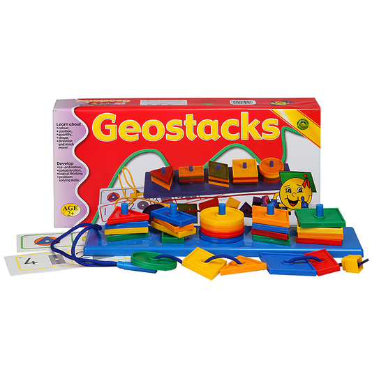 Learn About Colour, Position, Quantity, Shapes, Direction and Much More! Develops, Coordination, Concentration, Logical Thinking, Problem Solving Skills and Much More! Includes Cards. Includes Stacker. Includes Different Shapes For Stacking. Includes Laces For Threading. Ages 2+